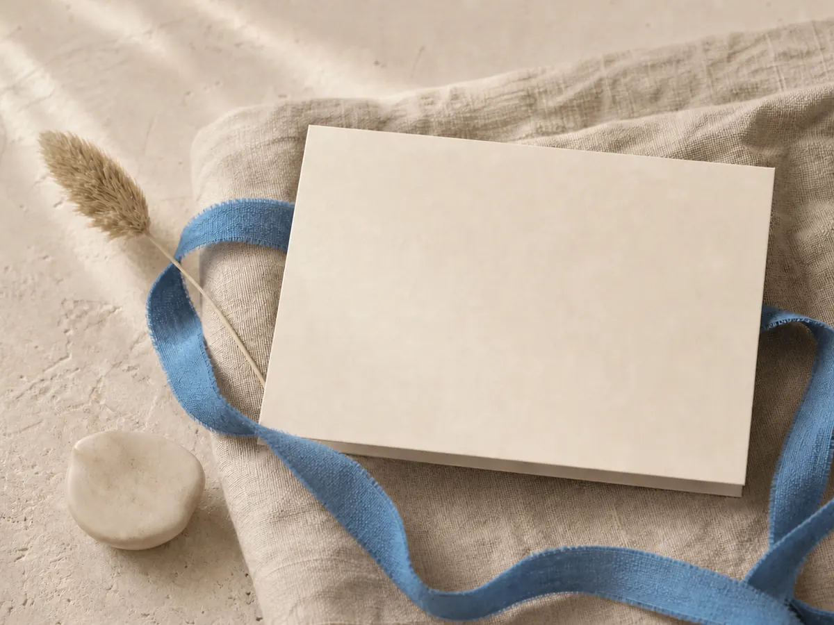 Une carte cadeau vierge posée sur du lin naturel avec un ruban bleu.