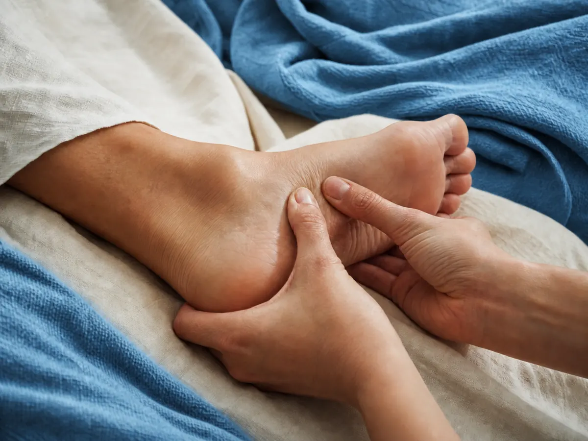 Des mains exercent une pression douce et précise sur la voûte plantaire.